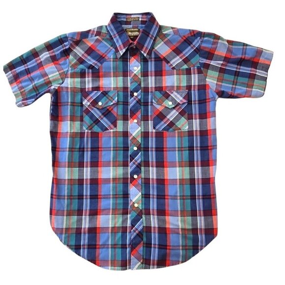 Vintage Plainsman Plaid Pearl Snap Short Sleeve Shirt Extra Long Mens L 16-16.5 - Picture 2 of 5